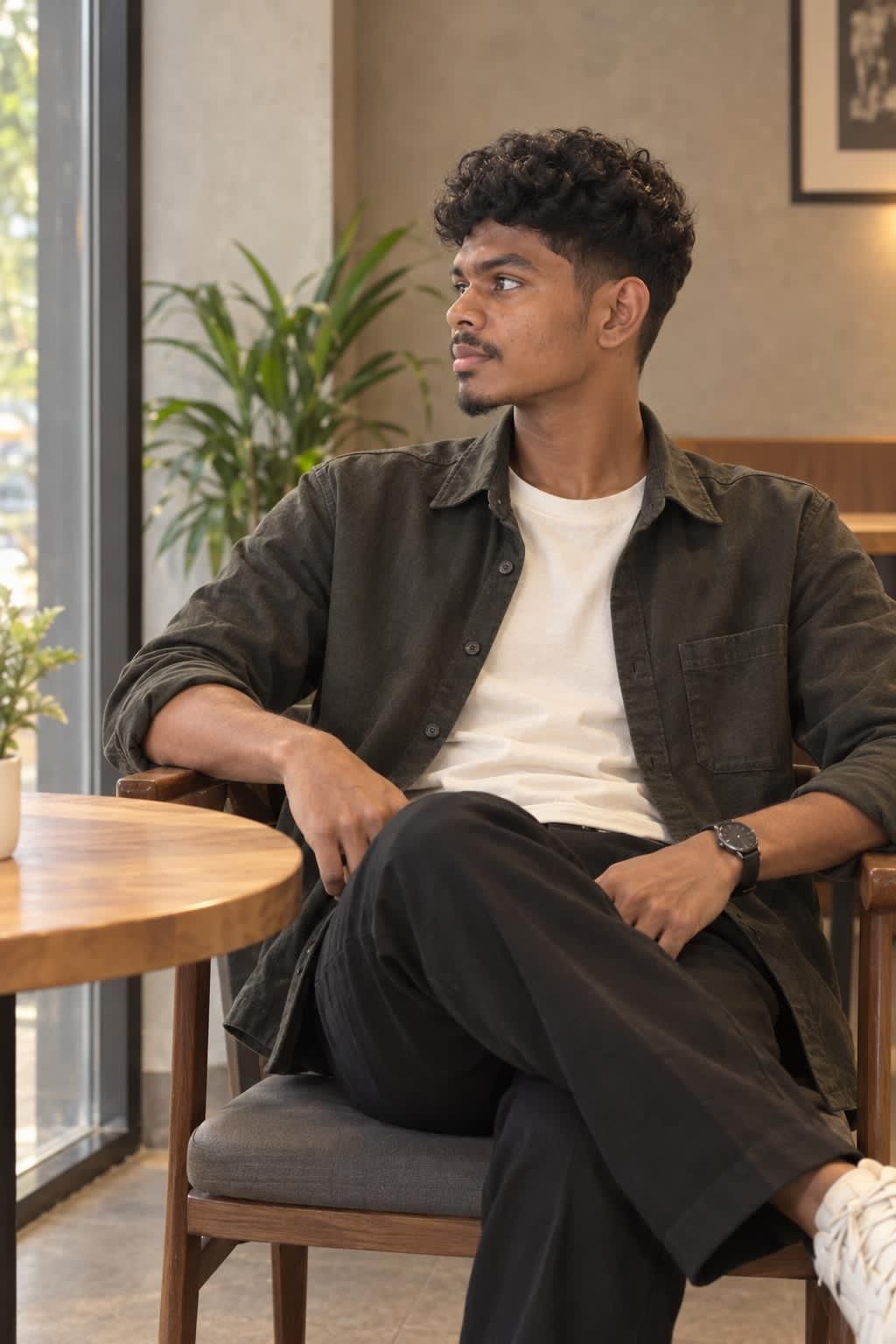 Bharathraj Subramanian seated by a window in a cafe, looking to the side